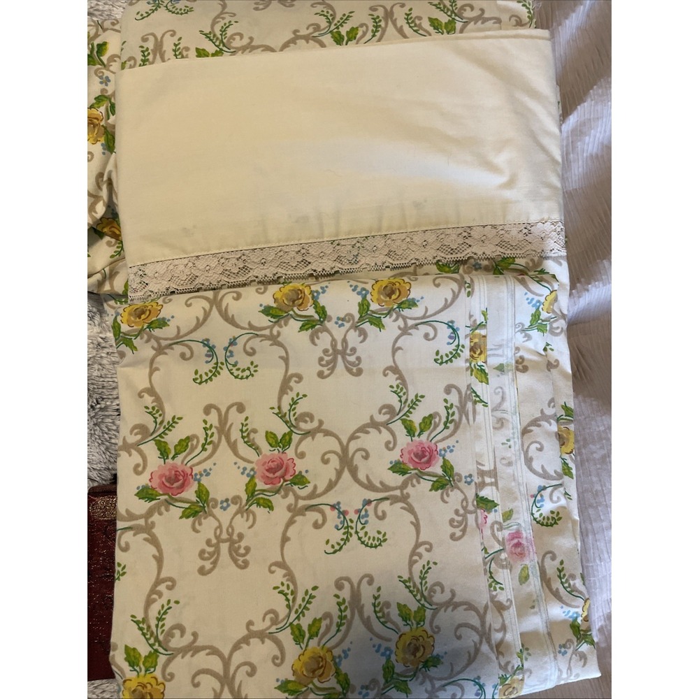 Vtg Cannon Royal Family FULL Sheet Set 70s Rose Watercolor‎ Floral Pink Lace